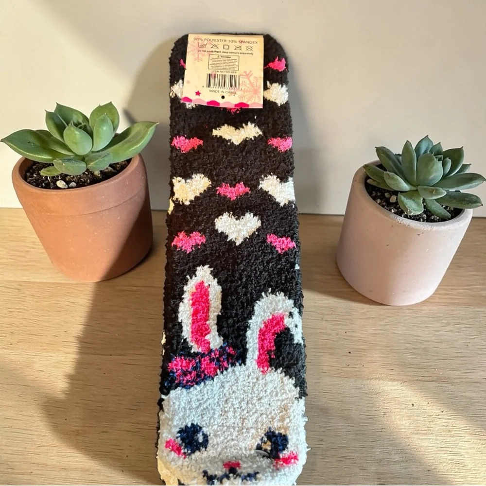 Black, White &‎ Pink Heart Fuzzy Socks
